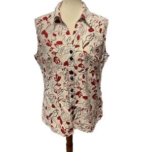 Dressbarn Woman Red Black White Floral Collared Sleeveless Button Down Top